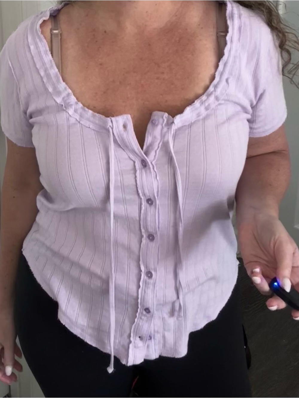 aerie Light Lavender Ribbed Button-Front Short Sleeve Top